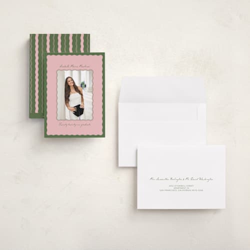 This is a sage graduation announcements with standard by Gabrielle Neil called lady lady printing on recycled smooth signature in grand