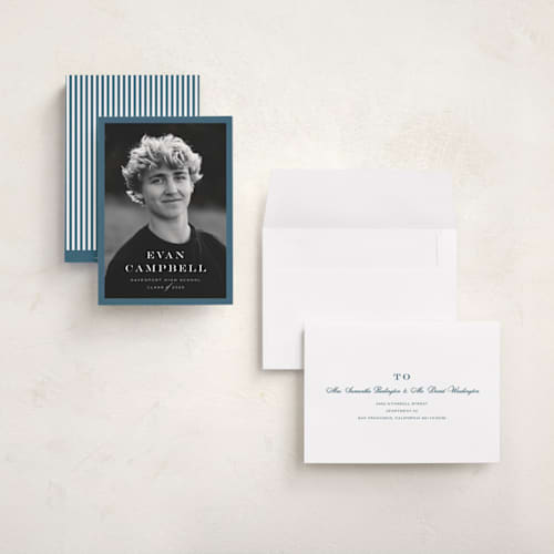 This is a rain graduation announcements with standard by Carolyn MacLaren called forever young printing on recycled smooth signature in grand