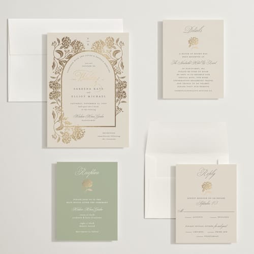 This is a tea time wedding invitations with foil pressed by Susan Zinader called shimmering hydrangeas printing on signature in grand