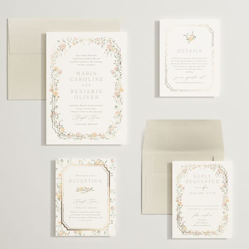 This is a golden summer wedding invitations with foil pressed by Erin L. Wilson called victorian trellis printing on signature in grand