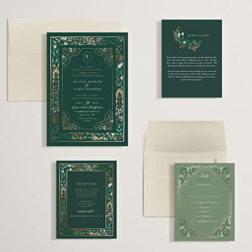 This is a evergreen wedding invitations with foil pressed by Alethea and Ruth called illuminated storybook printing on signature in grand