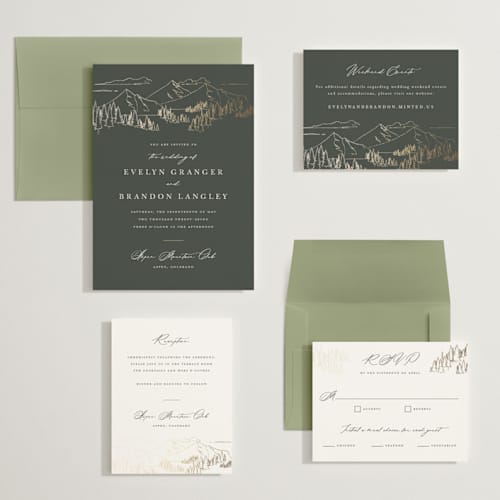 This is a hunter wedding invitations with foil pressed by Sarah Brown called peaks printing on signature in grand