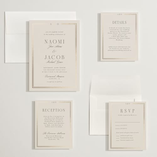 This is a champagne wedding invitations with foil pressed by Nicole Walsh called grace printing on signature in grand