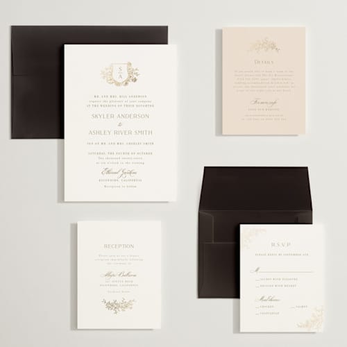 This is a champagne wedding invitations with foil pressed by Cass Loh called floral crest printing on signature in grand