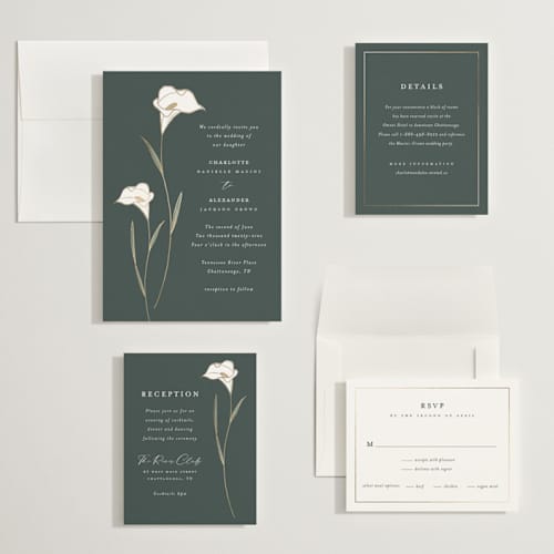 This is a forest wedding invitations with foil pressed by Stacey Meacham called elegant lillies printing on signature in grand