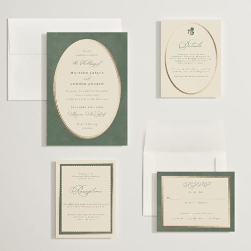 This is a rosemary wedding invitations with foil pressed by Emily Betts called vintage oval printing on signature in grand