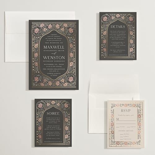 This is a ebony wedding invitations with foil pressed by Ana de Sousa called timeless nature printing on signature in grand
