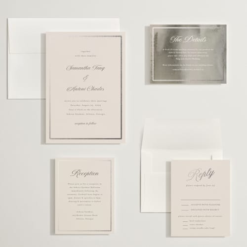This is a antique wedding invitations with foil pressed by Nicole Walsh called tux printing on signature in grand