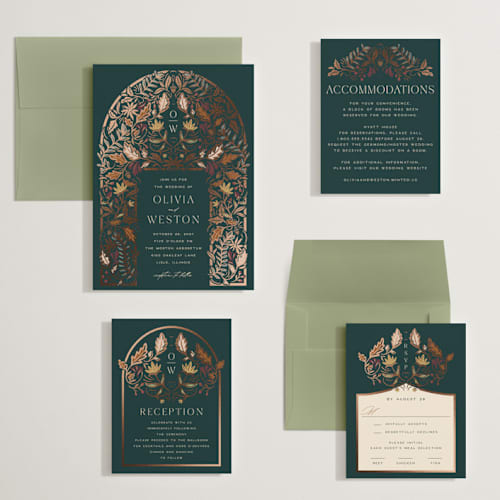This is a deep sea wedding invitations with foil pressed by Erin German called autumnal arch printing on signature in grand