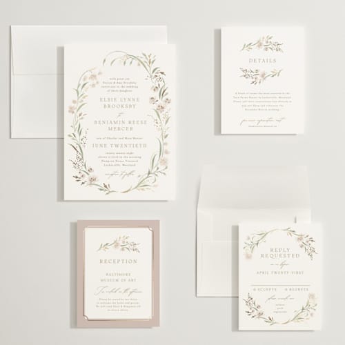 This is a spring mist wedding invitations with foil pressed by Erin L. Wilson called meadow printing on signature in grand