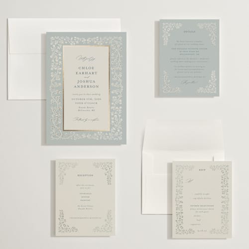This is a something blue wedding invitations with foil pressed by Gwen Bedat called floral romance printing on signature in grand