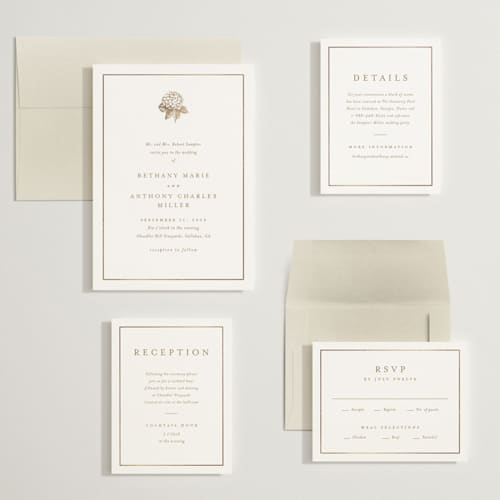 This is a cotton wedding invitations with foil pressed by Stacey Meacham called hydrangea bloom printing on signature in grand