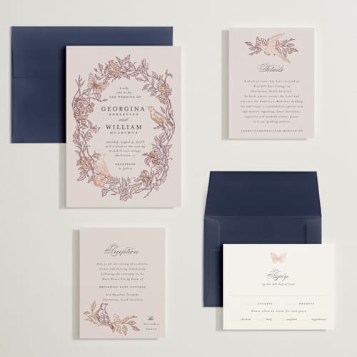 This is a merlot wedding invitations with foil pressed by Grae called meet me in the garden printing on signature in grand