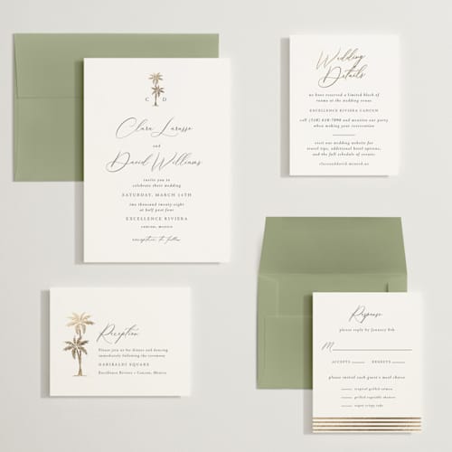This is a leaf wedding invitations with foil pressed by Olivia Raufman called palm monogram printing on signature in grand