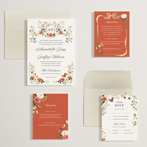 This is a verona sunset wedding invitations with foil pressed by Sarah Knight called fleur printing on signature in grand