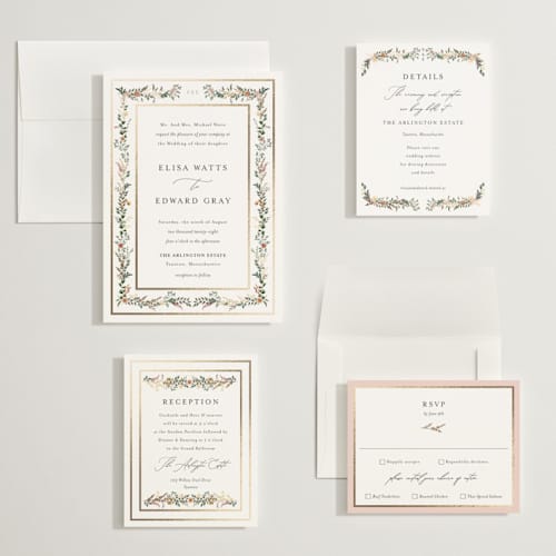 This is a blush wedding invitations with foil pressed by Susan Moyal called blooming vine printing on signature in grand