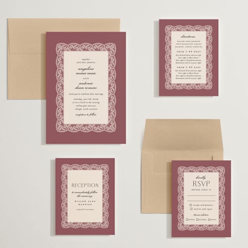This is a mauve wedding invitations with standard by Erica Krystek called chantilly printing on signature in grand