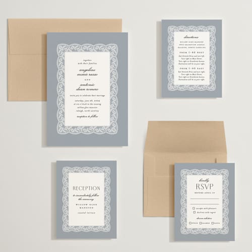 This is a dusty blue wedding invitations with standard by Erica Krystek called chantilly printing on signature in grand