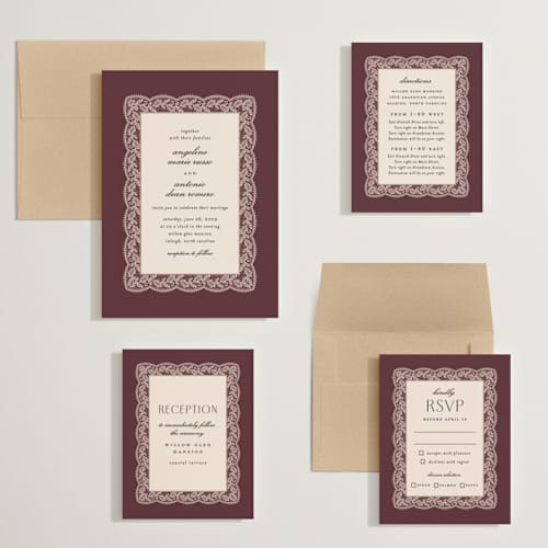 This is a burgundy wedding invitations with standard by Erica Krystek called chantilly printing on signature in grand