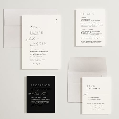 This is a tuxedo wedding invitations with standard by Kate Ahn called paire printing on signature in grand