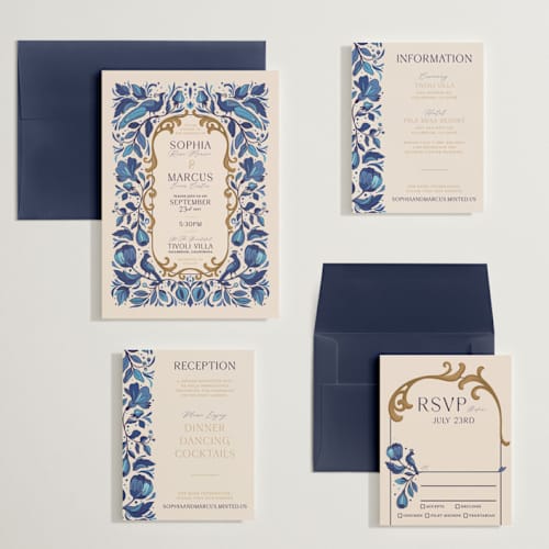 This is a cerulean wedding invitations with standard by GeekInk Design called gilded printing on signature in grand