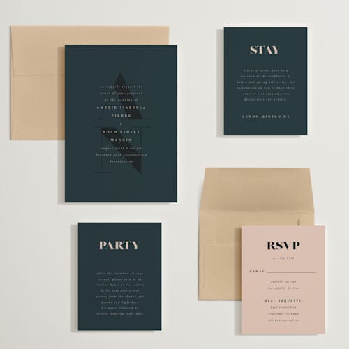 This is a midnight wedding invitations with standard by Up Up Creative called centro printing on signature in grand