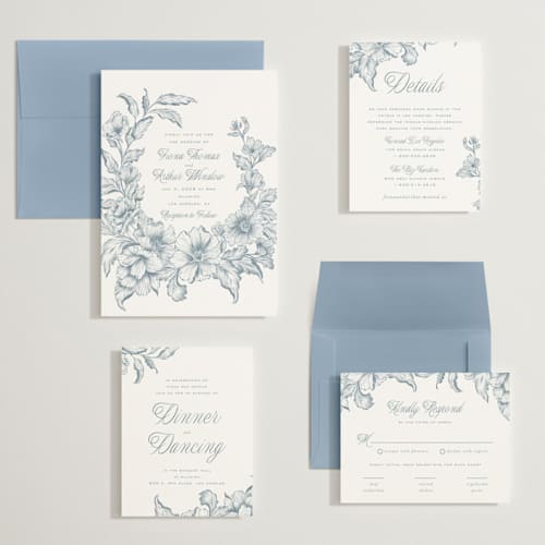 This is a lake wedding invitations with standard by Leah Bisch called wreath in bloom printing on signature in grand