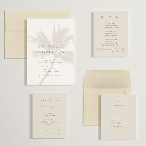 This is a ecru wedding invitations with standard by AK Graphics called palm printing on signature in grand
