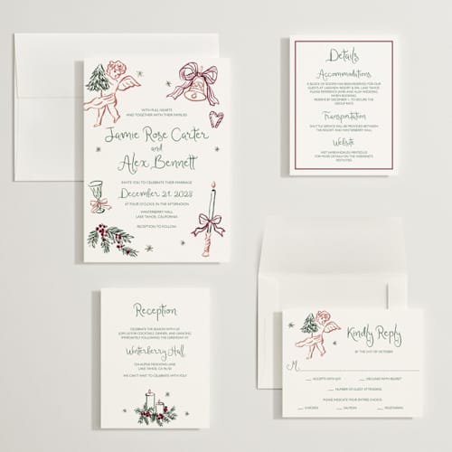 This is a enchanted holiday wedding invitations with standard by Cass Loh called holidays ink doodles printing on signature in grand
