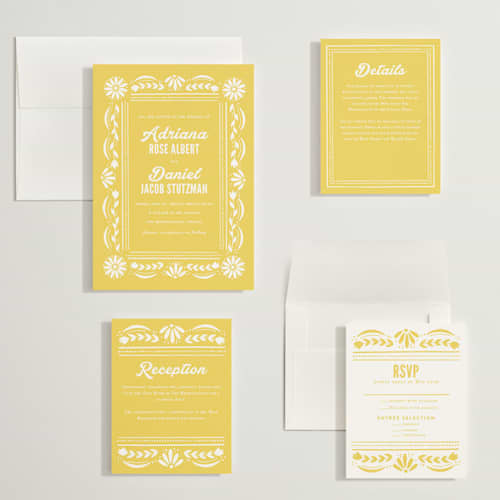 This is a sunshine wedding invitations with standard by Jessie Steury called pretty picado printing on signature in grand