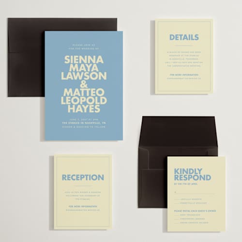 This is a skyblue wedding invitations with standard by Ellen Schlegelmilch called sienna printing on signature in grand