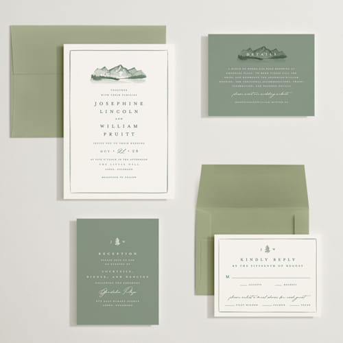 This is a pine wedding invitations with standard by Amy Kross called mountain ridge printing on signature in grand