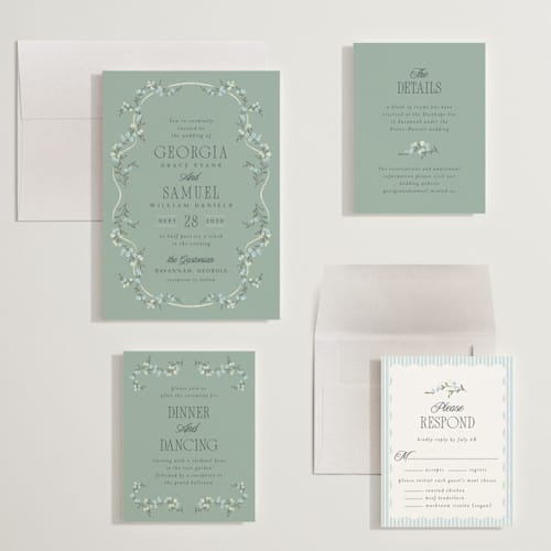 This is a buttermint wedding invitations with standard by Laura Hankins called trailing garden printing on signature in grand