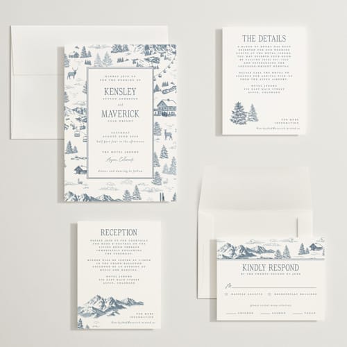 This is a denim wedding invitations with standard by Jenna Holcomb called aspen toile printing on signature in grand