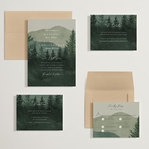 This is a jade wedding invitations with standard by Elly called the forest printing on signature in grand