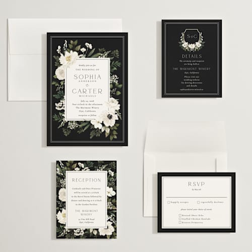 This is a black tie wedding invitations with standard by Susan Moyal called botanical love printing on signature in grand