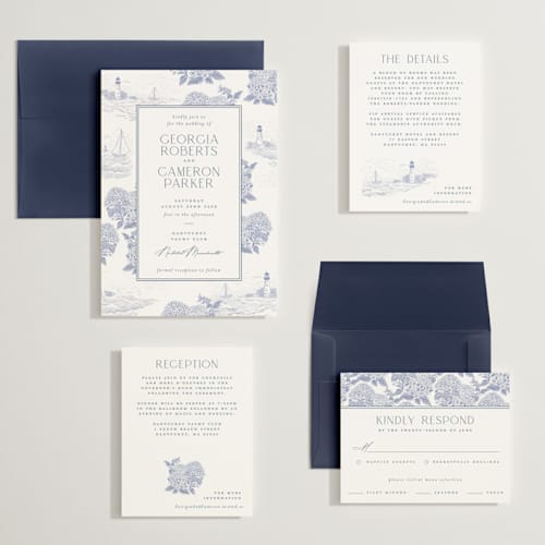 This is a periwinkle wedding invitations with standard by Jenna Holcomb called coastal toile printing on signature in grand