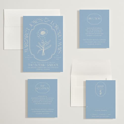 This is a cerulean wedding invitations with standard by Baumbirdy called flora arch printing on signature in grand