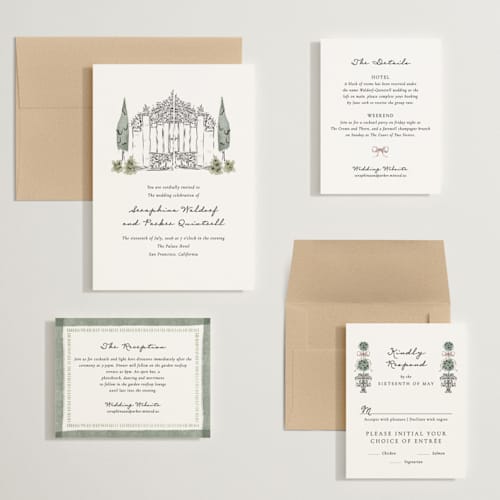 This is a forest wedding invitations with standard by Jackie Crawford called hand illustrated garden gate printing on signature in grand