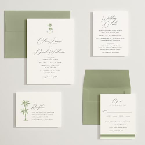 This is a leaf wedding invitations with standard by Olivia Raufman called palm monogram printing on signature in grand