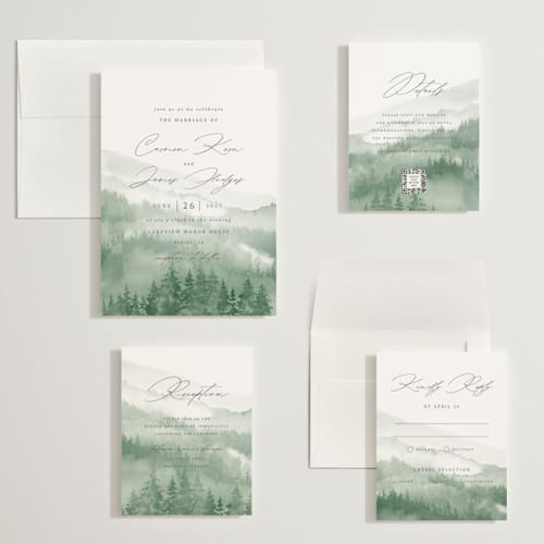 This is a fern wedding invitations with standard by Helen Halik called over the mountains printing on signature in grand