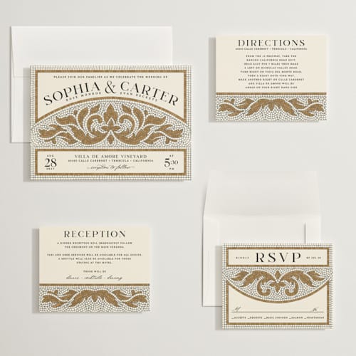 This is a sand wedding invitations with standard by GeekInk Design called floral mosaic printing on signature in grand