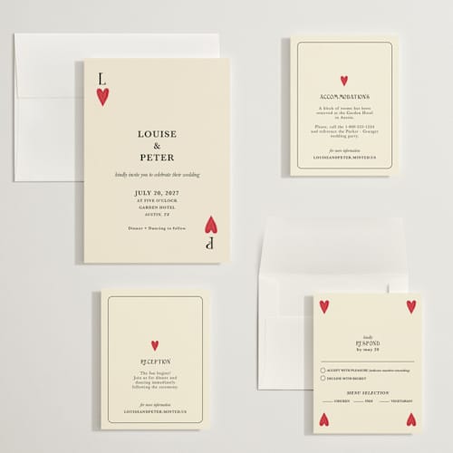 This is a champagne wedding invitations with standard by Helena Vitto called red hearts printing on signature in grand