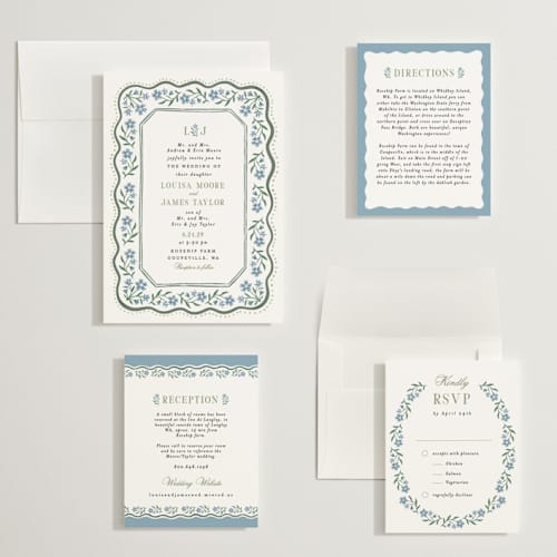 This is a periwinkle wedding invitations with standard by Alethea and Ruth called sweet vintage printing on signature in grand