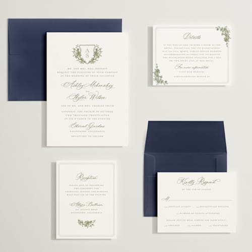 This is a moss wedding invitations with standard by Cass Loh called watercolor flowers crest printing on signature in grand