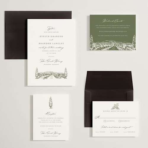 This is a olive wedding invitations with standard by Sarah Brown called vineyard printing on signature in grand