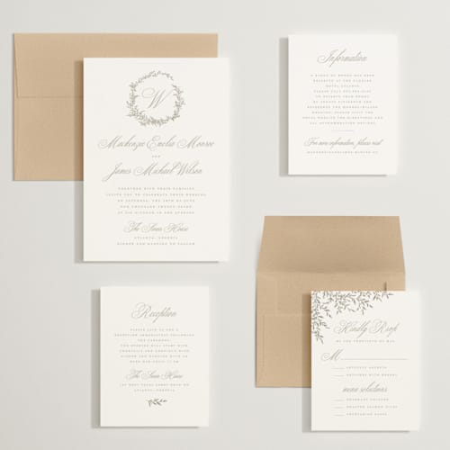 This is a chantilly wedding invitations with standard by Wildfield Paper Co called romantic wreath printing on signature in grand