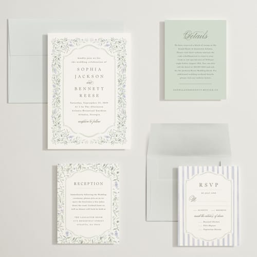 This is a periwinkle wedding invitations with standard by Kristen Smith called delicate vines printing on signature in grand