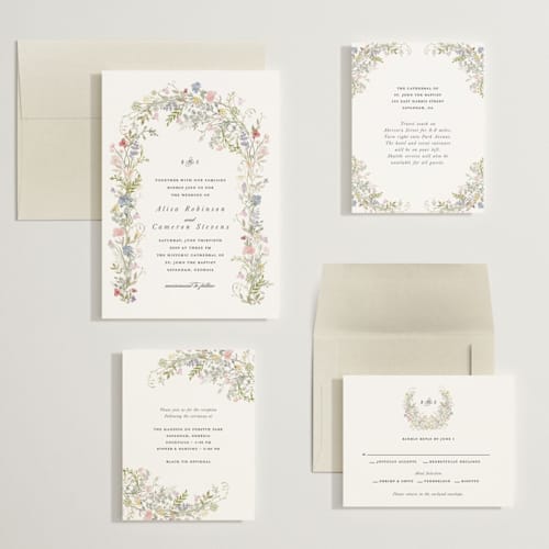 This is a sage wedding invitations with standard by Lori Wemple called flowering arch printing on signature in grand