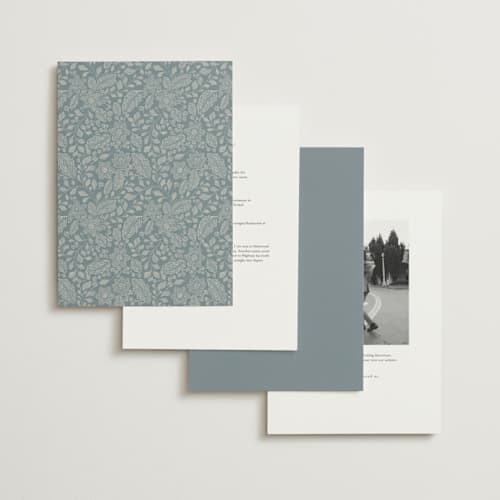 This is a dusty blue wedding invitations with standard by Jen Owens called embroidered printing on signature in grand